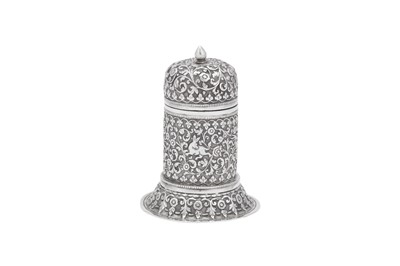 Lot 80 - A heavy late 19th century Anglo – Indian unmarked silver sugar caster, Cutch circa 1890