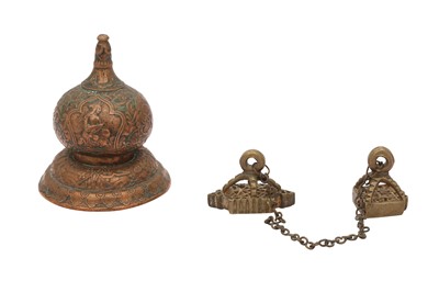 Lot 580 - AN ENGRAVED COPPER PAPERWEIGHT AND TWO COPPER ALLOY MINIATURE PRINTING BLOCKS