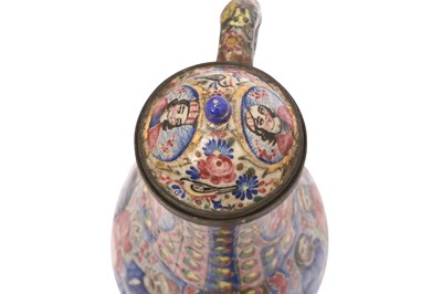 Lot 420 - A SMALL QAJAR POLYCHROME-ENAMELLED LIDDED COPPER EWER