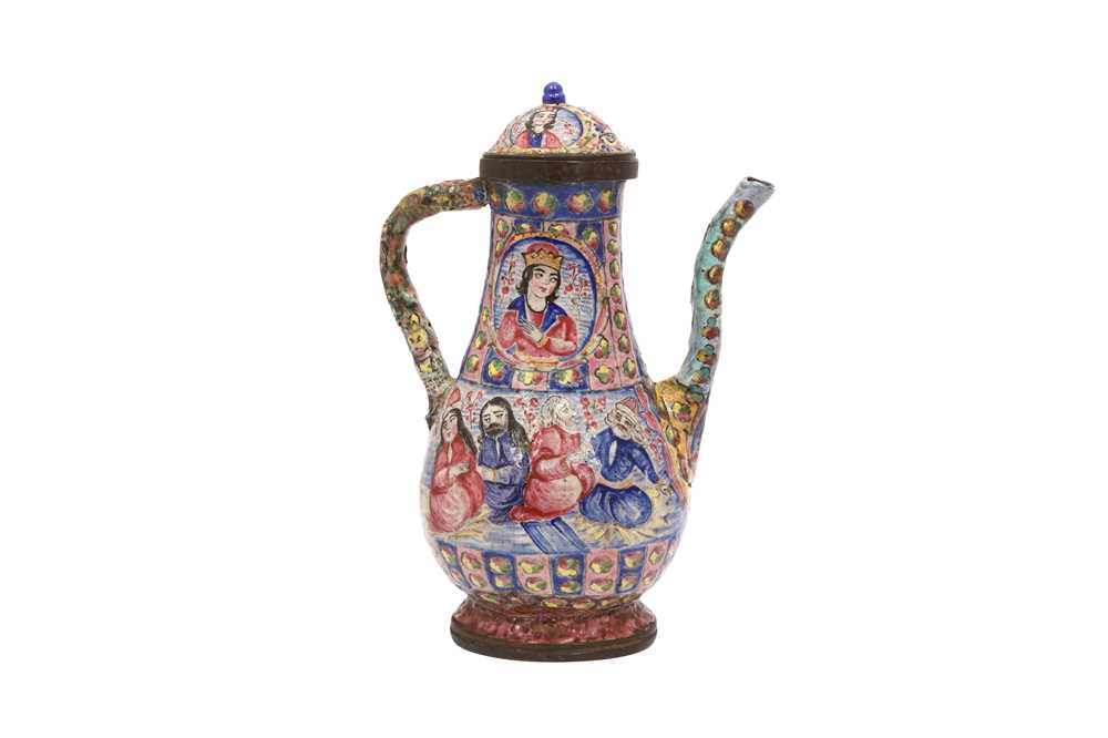 Lot 420 - A SMALL QAJAR POLYCHROME-ENAMELLED LIDDED COPPER EWER