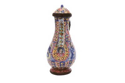 Lot 420 - A SMALL QAJAR POLYCHROME-ENAMELLED LIDDED COPPER EWER