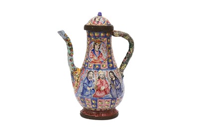 Lot 420 - A SMALL QAJAR POLYCHROME-ENAMELLED LIDDED COPPER EWER