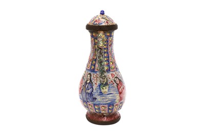 Lot 420 - A SMALL QAJAR POLYCHROME-ENAMELLED LIDDED COPPER EWER