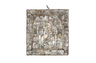Lot 304 - λ AN ENGRAVED AND TINTED MOTHER-OF-PEARL MOSAIC PANEL WITH CHRISTIAN ICONS