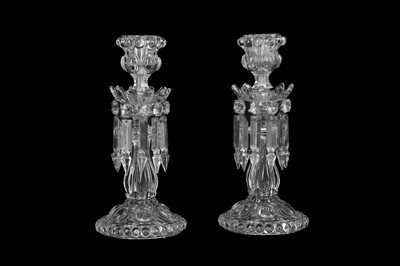 Lot 159 - A PAIR OF MOULDED GLASS SINGLE LIGHT CANDLESTICKS, 20TH CENTURY