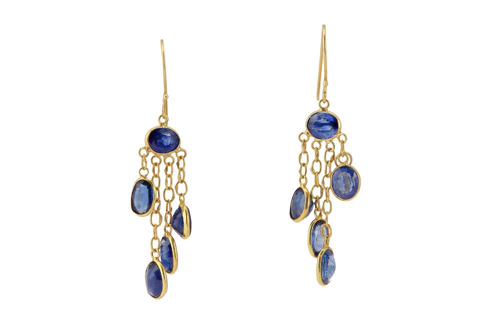 Lot 204 - A pair of sapphire pendent earrings