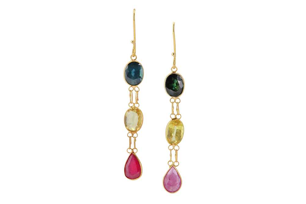 Lot 117 - A pair of multi-coloured sapphire pendent earrings