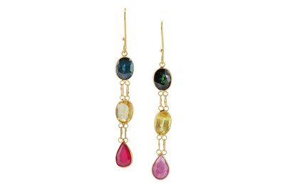 Lot 117 - A pair of multi-coloured sapphire pendent earrings
