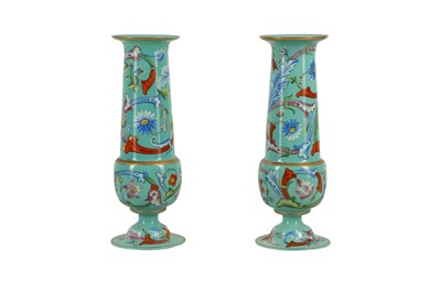 Lot 346 - A PAIR OF OPALINE GLASS PAINTED VASES, 19TH CENTURY
