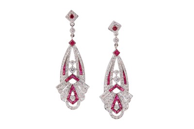 Lot 104 - A pair of diamond and ruby pendent earrings