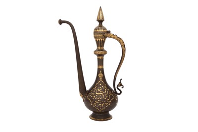 Lot 362 - A GOLD-DAMASCENED STEEL EWER WITH CALLIGRAPHY