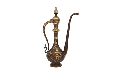 Lot 362 - A GOLD-DAMASCENED STEEL EWER WITH CALLIGRAPHY