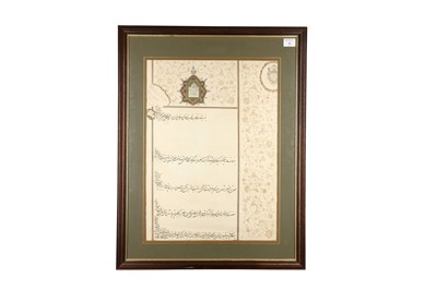 Lot 434 - A LARGE ROYAL FARMAN AND DIPLOMATIC LETTER OF CREDENTIALS FOR HASSAN ALI KHAN GARROUSI