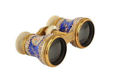 Lot 90 - A CASED PAIR OF FRENCH GILT METAL AND ENAMEL BINOCULAR OPERA GLASSES, LATE 19TH CENTURY