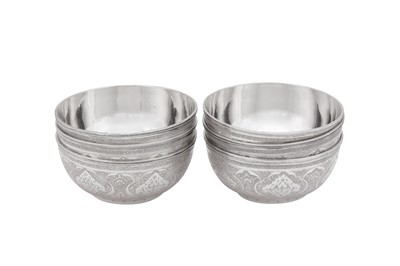 Lot 166 - A set of six mid- 20th century Iranian (Persian) silver bowls, Isfahan circa 1970 mark of Reza