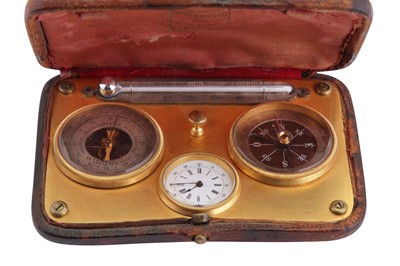Lot 332 - A VICTORIAN SET WITH A BAROMETER, THERMOMETER, COMPASS AND A WATCH.