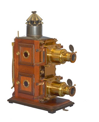 Lot 282 - A LARGE Brass & Mahogany Biunial Magic Lantern, Complete and in Original Crate