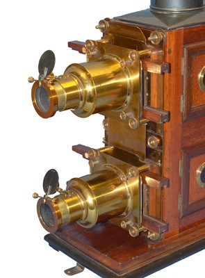 Lot 282 - A LARGE Brass & Mahogany Biunial Magic Lantern, Complete and in Original Crate