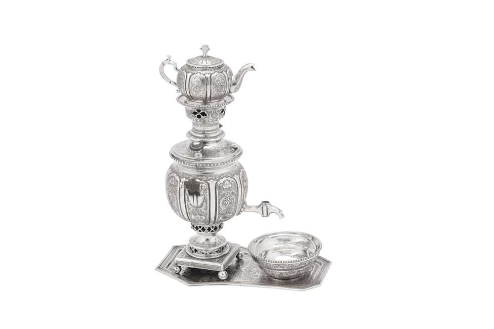 Lot 164 - A mid-20th century Iranian (Persian) unmarked silver samovar set on stand, Isfahan circa 1960