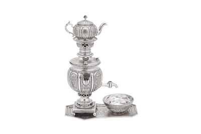 Lot 164 - A mid-20th century Iranian (Persian) unmarked silver samovar set on stand, Isfahan circa 1960