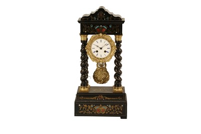 Lot 178 - A FRENCH EBONISED AND INLAID PORTICO MANTEL CLOCK, 19TH CENTURY