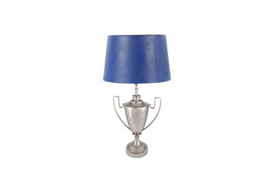 Lot 80 - A LARGE CHROMED TABLE LAMP IN THE FORM OF A TROPHY, CONTEMPORARY