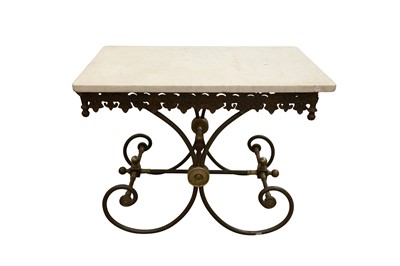 Lot 312 - A FRENCH WROUGHT IRON AND MARBLE BAKER'S TABLE, LATE 19TH TO EARLY 20TH CENTURY