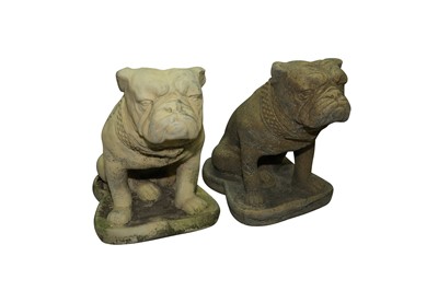 Lot 200 - PURE WHITE LINES; A PAIR OF RECONSTITUTED STONE GARDEN STATUES OF BRITISH BULLDOGS