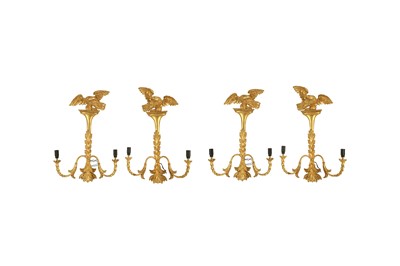 Lot 156 - A SET OF FOUR REGENCY STYLE GILTWOOD TWIN BRANCH WALL LIGHTS