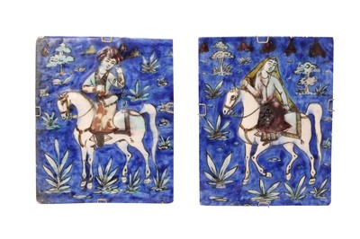 Lot 405 - A PAIR OF MOULDED QAJAR POTTERY TILES