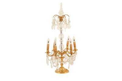 Lot 153 - A LOUIS XIV STYLE GILT AND CUT GLASS SIX BRANCH LUSTRE CANDELABRA