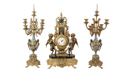 Lot 177 - AN ITALIAN GILT BRONZE CLOCK GARNITURE, SIGNED IMPERIAL, LATE 19TH CENTURY