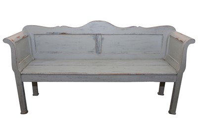 Lot 501 - A CONTINENTAL PAINTED AND DISTRESSED PINE BENCH, 19TH CENTURY