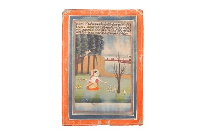 Lot 586 - AN ILLUSTRATION TO A PROVINCIAL ASHTA NAYIKA SERIES: THE HEROINE PICKING FLOWERS