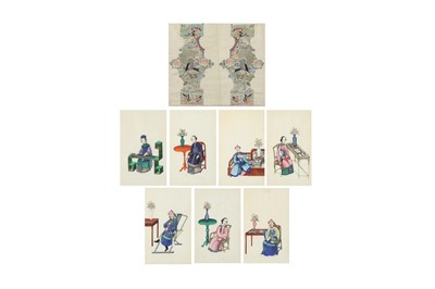 Lot 622 - SEVEN CHINESE PITH PAPER PAINTINGS AND A PAIR OF EMBROIDERED SILK CUFFS.