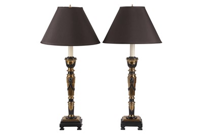 Lot 38 - A PAIR OF BLACK GILT BRASS TABLE LAMPS, CONTEMPORARY