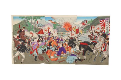 Lot 461 - SEVEN JAPANESE WAR PROPAGANDA WOODBLOCK PRINT TRIPTICHS BY NOBUKAZU FUJIWARA (1846 – 1930).