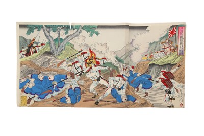 Lot 461 - SEVEN JAPANESE WAR PROPAGANDA WOODBLOCK PRINT TRIPTICHS BY NOBUKAZU FUJIWARA (1846 – 1930).