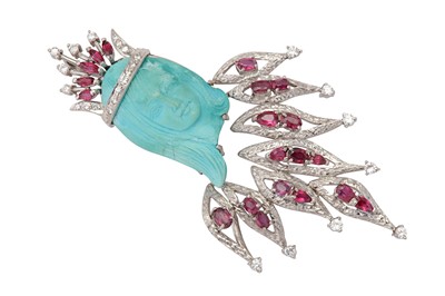 Lot 145 - A turquoise, diamond and ruby brooch