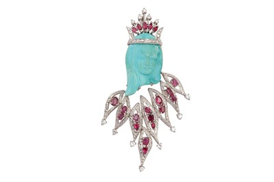 Lot 145 - A turquoise, diamond and ruby brooch
