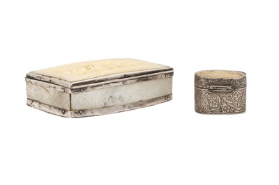 Lot 307 - λ TWO CARVED MOTHER-OF-PEARL SNUFFBOXES WITH SILVER MOUNTS