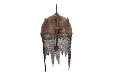 Lot 407 - AN ENGRAVED AND SILVER-INLAID STEEL HELMET (KHULA KHUD)