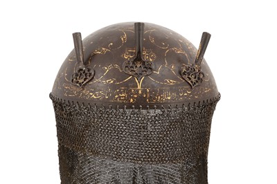 Lot 409 - A GOLD-DAMASCENED STEEL HELMET (KHULA KHUD)