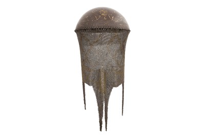 Lot 409 - A GOLD-DAMASCENED STEEL HELMET (KHULA KHUD)