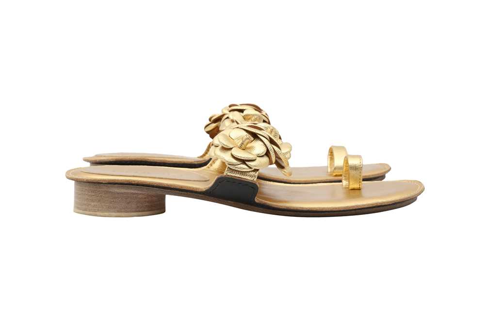 Lot 390 - Chanel Gold Camellia Flower Flat Sandal - Size 39