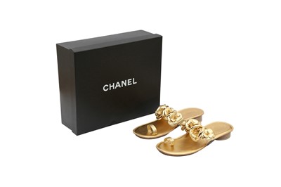 Lot 390 - Chanel Gold Camellia Flower Flat Sandal - Size 39