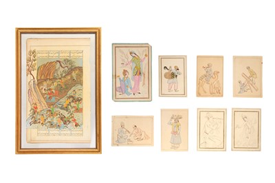 Lot 395 - A MISCELLANEOUS GROUP OF EIGHT IRANIAN TINTED DRAWINGS AND A LOOSE MANUSCRIPT FOLIO