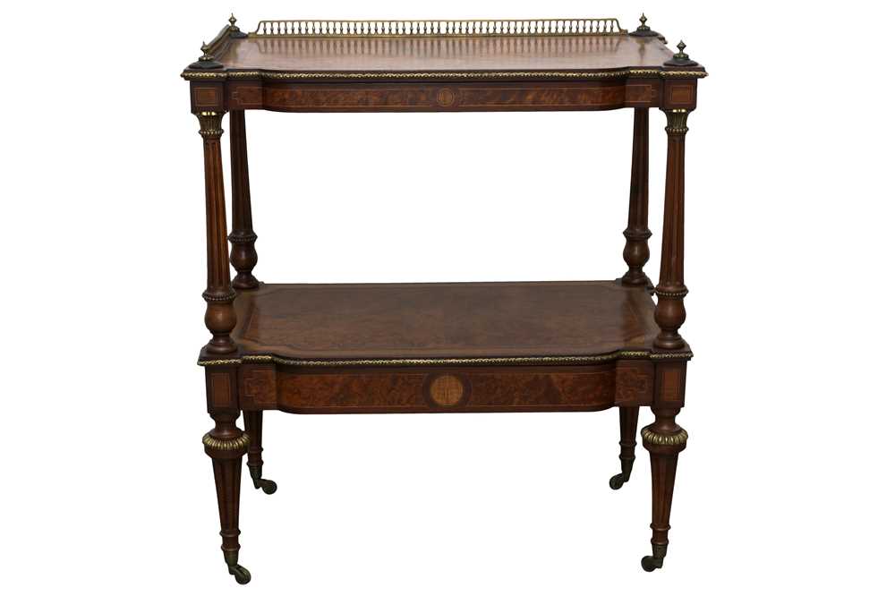 Lot 2 - A GILLOWS VICTORIAN AESTHETIC MOVEMENT WALNUT, AMBOYNA AND SATINWOOD ETAGERE