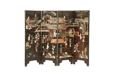 Lot 643 - λ A FOUR FOLD CHINESE HARDSTONE-INSET LACQUERED WOOD TABLE SCREEN.