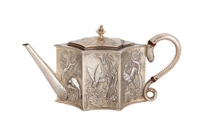 Lot 562 - A Victorian Scottish parcel gilt sterling silver ‘aesthetic movement’ three-piece tea service, Edinburgh 1879 by Mackay, Cunningham and Co